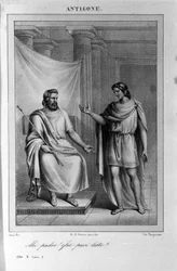 Antigone Atto II, scena 1. Tragedia italiana di Vittorio Alfieri scritta nel 1783 dopo la mitologia greca. Incisione del XVIII secolo