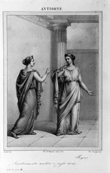 Antigone Atto I, scena 3. Tragedia italiana di Vittorio Alfieri scritta nel 1783 dopo la mitologia greca. Incisione del XVIII secolo