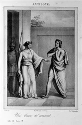 Antigone Atto I, scena 3. Tragedia italiana di Vittorio Alfieri scritta nel 1783 dopo la mitologia greca. Incisione del XVIII secolo