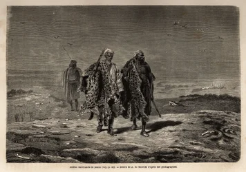 Beduini arabi, mercanti di pelli di pantera e lana di pecora, in viaggio verso il mercato di Baghdad (Iraq). Incisione per illustrare il viaggio in Babilonia, nel 1866, di Guillaume Lejean, in 