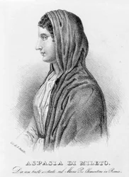 Aspasia di Mileto, amante di Pericle. Litografia di Bertotti. XIX secolo