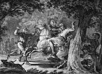 Assassinio di Childerico II, 675: il re dei Franchi (circa 653-675) fu ucciso nella foresta di Lognes da Bodillon, un signore che aveva fatto frustare. Incisione del XVIII secolo.