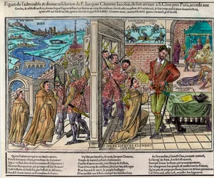 Assassinio del re di Francia Enrico III (1551-1589) da parte di Jacques Clément (1567-1589), religioso domenicano sostenitore della Lega cattolica, il 1 agosto