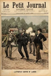 Attacco a Mr Fernand Labori (1860-1917), avvocato nella difesa di Alfred Dreyfus (1859-1935), colpito da un proiettile alla schiena a Rennes mentre si recava al luogo dove il caso veniva giudicato. Incisione in "Le petit journal" 27/8/1899. Collezione Selv