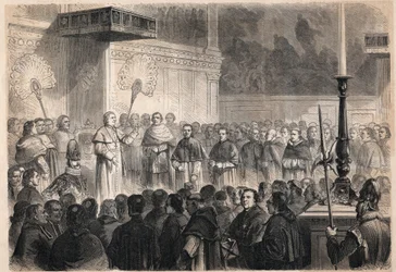Udienza concessa da Papa Pio IX (1792-1878) a ecclesiastici stranieri nella Cappella Sistina a Roma in occasione delle celebrazioni della canonizzazione dei 26 "martiri del Giappone", un gruppo di cattolici crocifissi in Giappone nel 1597
