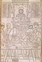 Autopsia. Codice. Il corpo di un uomo morto dissezionato dai medici per uno studio di anatomia, Fascicula Medicinae, codice di un fascicolo medico di Johannes Kethan