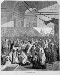 Battesimo di Clodoveo da Anastasio II nella Cattedrale di Reims il 25 dicembre 498 - in "Storia dei papi", vol. 1, Maurice Lachatre