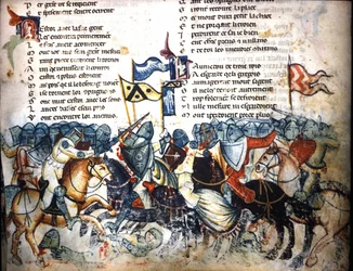 Scena di battaglia. Miniatura del "Roman de Troy" di Benoit de Saint Maure. XIV secolo Biblioteca Marciana, Venezia