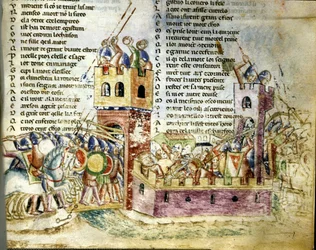 Scena di battaglia in un castello fortificato. Miniatura del «Roman de Troie» di Benoît de Sainte-Maure.