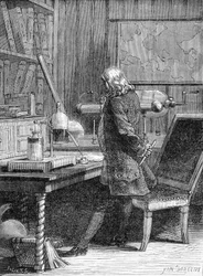 Benjamin Franklin, politico e fisico americano (1706-1790) nel suo laboratorio di fisica a Filadelfia