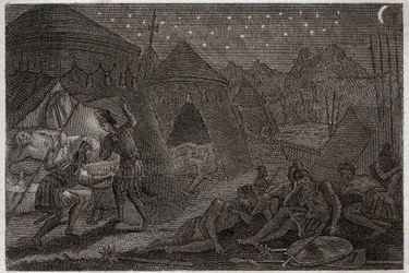 Bibbia di Royaumont, Antico Testamento: Davide risparmia Saul. Davide ha Saul nelle sue mani, ma non lo ferisce. Prende solo la lancia e la sua coppa. Illustrazione del 1811.
