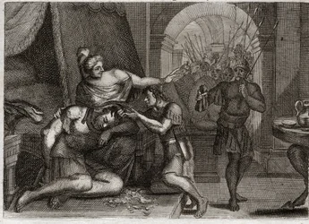 Bibbia di Royaumont, Antico Testamento: Morte di Sansone. Sansone rivela a Dalila che la sua forza risiede nei suoi capelli. Lei gli taglia i capelli e fa entrare i soldati filistei nella stanza. Illustrazione del 1811.