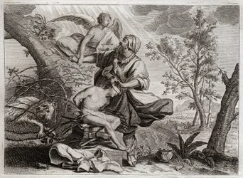 Bibbia di Royaumont, Antico Testamento: Sacrificio di Abramo. Un angelo trattiene la mano di Abramo prima del sacrificio di suo figlio Isacco. A sinistra, il montone che Abramo ucciderà al suo posto. Illustrazione del 1811.