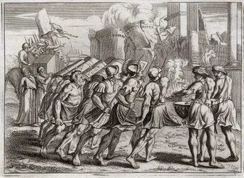 Bibbia di Royaumont, Antico Testamento: La presa di Gerico. Le mura di Gerico cadono al suono delle trombe dei sacerdoti che precedevano l