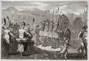 Bibbia di Royaumont, Antico Testamento: Trionfo di Davide. Dopo che Davide ha sconfitto il gigante Golia, le donne di Israele lo precedono per onorare il suo trionfo, con grida di gioia e il suono degli strumenti. Illustrazione del 1811.