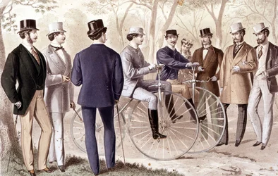 Giro in bicicletta. Incisione. 1870.