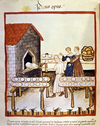 Pane nero: un fornaio al lavoro davanti a un forno. Miniatura dal Tacuinum sanitatis