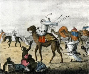 Carovana nel deserto in Marocco durante una tempesta di sabbia