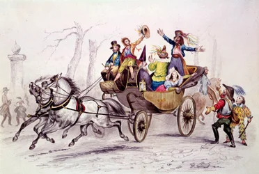 Carnevale. Festaioli travestiti su un carro. Incisione del 1846