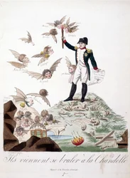 Cartone animato su Napoleone I raffigurato su una collina coperta di scheletri e che tiene una candela che brucia le ali dei personaggi (Merlin de Douai, Regnault...) rappresentati come pipistrelli - in Napoleon I, caricature, collezione fittizia. 1814 - 1