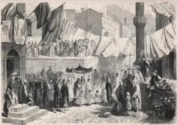 Processione cattolica nelle strade di Costantinopoli in occasione della Fête-Dieu - Incisione in 