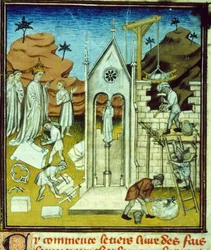Carlo Magno visita il cantiere di una cattedrale - Illustrazione di manoscritto su pergamena del Medioevo "Grandi Cronache di Saint-Denis" fine XIV secolo (rif. 512, 096r) Richiedere permesso alla Biblioteca Municipale di Tolosa (tel: 05 62 27 66 66)