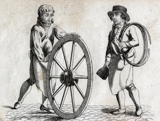 Carraio con ruota di carro e apprendista. Incisione fine XVIII secolo.