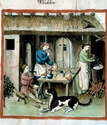 Produzione di formaggio. Miniatura dal Tacuinum sanitatis