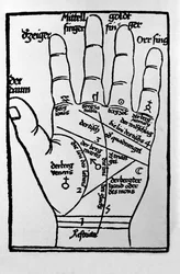 Chiromanzia e predizione divinatoria: rappresentazione delle diverse linee della mano che permettono l