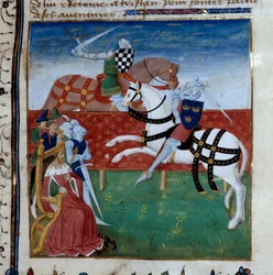 Torneo cavalleresco tra Tristano e Palamede. Miniatura tratta dal manoscritto 