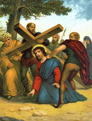 Cromolitografia della fine del 19° secolo raffigurante la vita di Cristo: Gesù cade per la prima volta sotto la croce