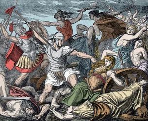 Donne cimbriche difendono il loro accampamento - Antichità romana, guerra dei Cimbri: il sacrificio delle donne cimbre contro i soldati romani
