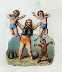 Circo: un alterofilo solleva due uomini a braccia tese mentre tiene un peso tra i denti per dimostrare la forza dei suoi muscoli. Cromolitografia intorno al 1890