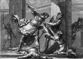 Clotario (Clothaire) I (circa 497-561) e Childeberto I, re dei Franchi, uccisero due figli del loro fratello Clodomiro (495-524). Incisione del XVIII secolo.
