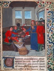 Coniazione di monete nel Medioevo. Miniatura da un manoscritto di Nicolas Oresme