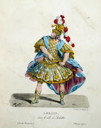 Costume di Lekain (Henri Louis Cain (Henri-Louis Le Kain) (1729-1778) nel ruolo di Achille nel 1740. Costume teatrale di commedia francese di Hippolyte Lecomte (1781-1857)