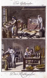 Il fonditore di rame e il dinandier nelle loro botteghe. In "Descrizione completa delle arti e dei mestieri e delle botteghe per i giovani" di Johan Peter Vire. Ed. Norimberga, Weigel e Schneider