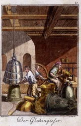 Artigianato: il fabbricante di campane nella sua bottega. In "Descrizione completa delle arti e dei mestieri e delle botteghe per i giovani" di Johan Peter Vue. Ed. Norimberga, Weigel e Schneider