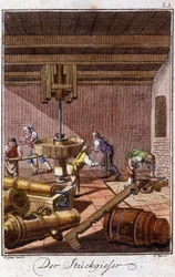 I fonditori di cannoni nella loro bottega. In "Descrizione completa delle arti e dei mestieri e delle botteghe per i giovani" di Johan Peter Vue. Ed. Norimberga, Weigel e Schneider