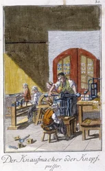 Artigianato: il fabbricante di bottoni nel suo laboratorio. In "Descrizione completa delle arti e dei mestieri e dei laboratori per i giovani" di Johan Peter Vue. Ed. Norimberga, Weigel e Schneider