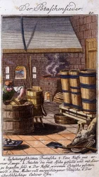 Artigianato: il salinaio che lavora la potassa nella sua bottega. In "Descrizione completa delle arti e mestieri e delle botteghe per i giovani" di Johan Peter Vue. Ed. Norimberga, Weigel e Schneider