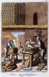 Artigianato: il produttore di tegole o mattoni nella sua bottega. In "Descrizione completa delle arti e mestieri e delle botteghe per i giovani" di Johan Peter Vue. Ed. Norimberga, Weigel e Schneider