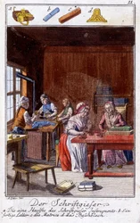 Mestiere artigianale: il dattilografo nella sua bottega. In "Descrizione completa delle arti e dei mestieri e delle botteghe per i giovani" di Johan Peter Vue. Ed. Norimberga, Weigel e Schneider
