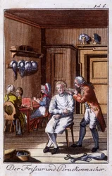 Mestieri: parrucchiere e parruccaio nel loro laboratorio. In 