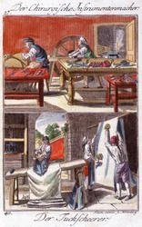 Artigianato: fabbricante di strumenti chirurgici (in alto) e rifinitore di guaine (in basso) nella loro bottega. In "Descrizione completa delle arti e dei mestieri e delle botteghe per i giovani" di Johan Peter Vue. Ed. Norimberga, Weigel e Schneider