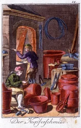 Artigianato: il calderaio nella sua bottega. In "Descrizione completa delle arti e dei mestieri e delle botteghe per i giovani" di Johan Peter Vue. Ed. Norimberga, Weigel e Schneider