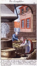 Il fabbricante di colla nella sua bottega. In "Descrizione completa delle arti e dei mestieri e delle botteghe per i giovani" di Johan Peter Vue. Ed. Norimberga, Weigel e Schneider