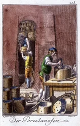 Il fabbricante di porcellana nella sua bottega. In "Descrizione completa delle arti e dei mestieri e delle botteghe per i giovani" di Johan Peter Vue. Ed. Norimberga, Weigel e Schneider