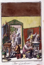Artigianato: il verniciatore nel suo laboratorio. In "Descrizione completa delle arti e dei mestieri e dei laboratori per i giovani" di Johan Peter Vue. Ed. Norimberga, Weigel e Schneider