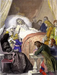 Morte di Luigi XIV (1638-1715), Re di Francia, il 1 settembre 1715 a Versailles e il futuro Luigi XV (1710-1774)